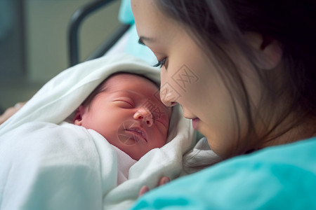 宝宝头部在医院的母亲和新生儿背景