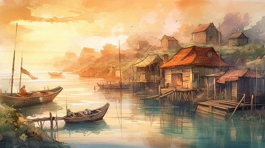 日出时的沿海村庄插画