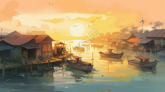 海屋日出时渔船在平静的海面上插画