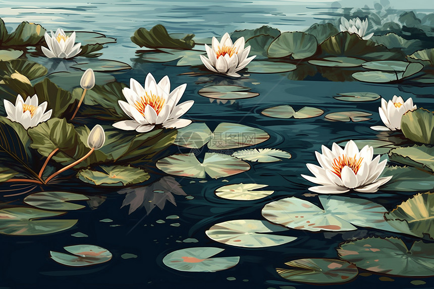 漂浮在池塘中的百合花图片