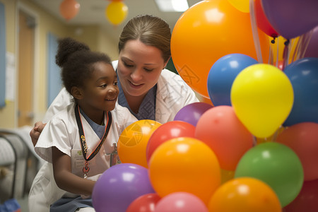 被气球包围的医生和孩子高清图片