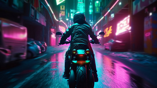 摩托车骑手霓虹车道骑摩托车的人设计图片