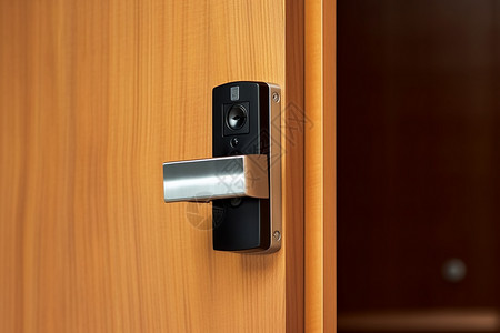 防盗安全电子锁在木门上背景