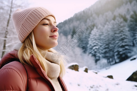空气呼吸有魅力的女人在雪山背景