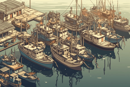 海和船在横滨许多在港口停靠的渔船插画