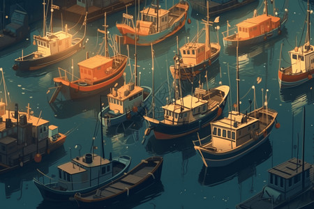 停靠在港口的一系列渔船插画