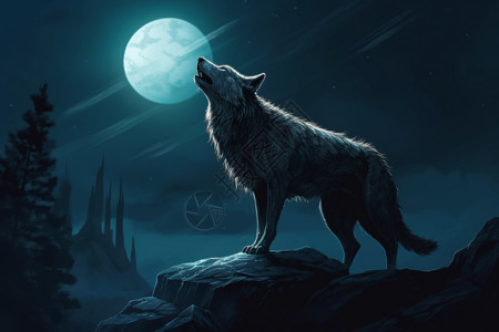 月下嚎叫的狼插画