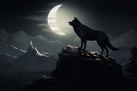 月夜下的狼嚎插画