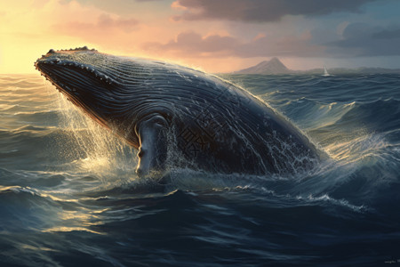 座头鲸突破海洋表面背景图片