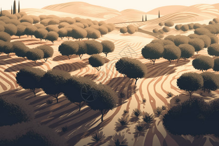 橄榄山风景如画的橄榄树林插画