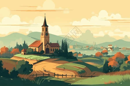 教堂山在田野中的村庄和教堂插画