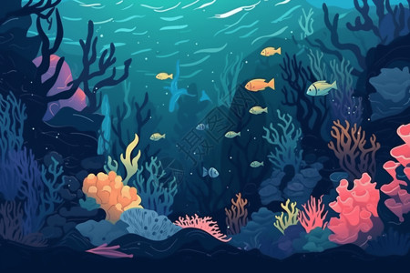 海鱼类鱼在珊瑚礁中游泳插画