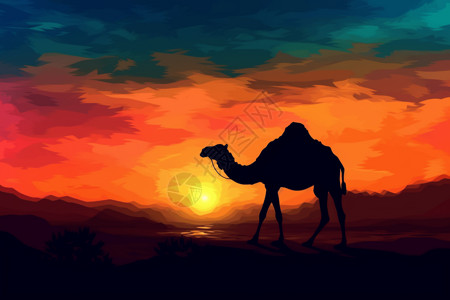 骆驼在日落下背景图片