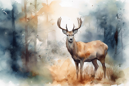水彩鹿站在森林空地背景图片