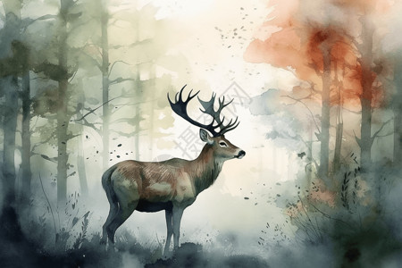 森林中的水彩鹿背景图片