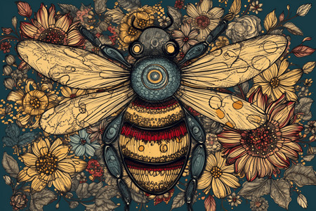 蜜蜂在花周围嗡嗡作响插画