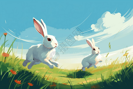 两只兔子在田野里奔跑图片