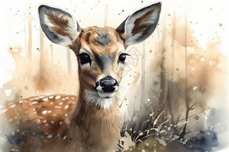 母鹿宁静森林中小鹿插画