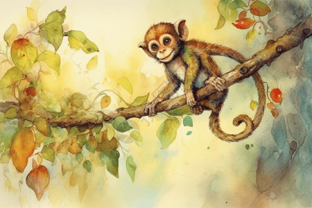 顽皮的猴子悬挂在树枝背景图片