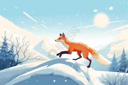 红狐狸狐狸在白雪皑皑中跳跃插画