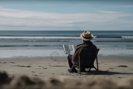 在海滩读书的男人图片