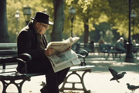 公园长椅上看报纸的爷爷高清图片