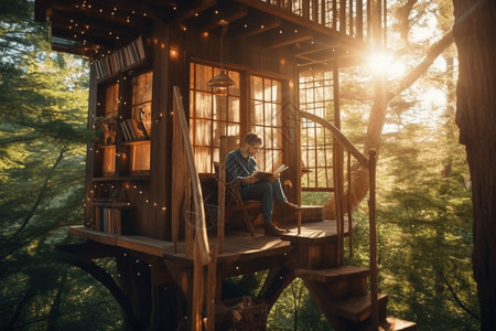 外国人读书在树屋里阅读的男人背景