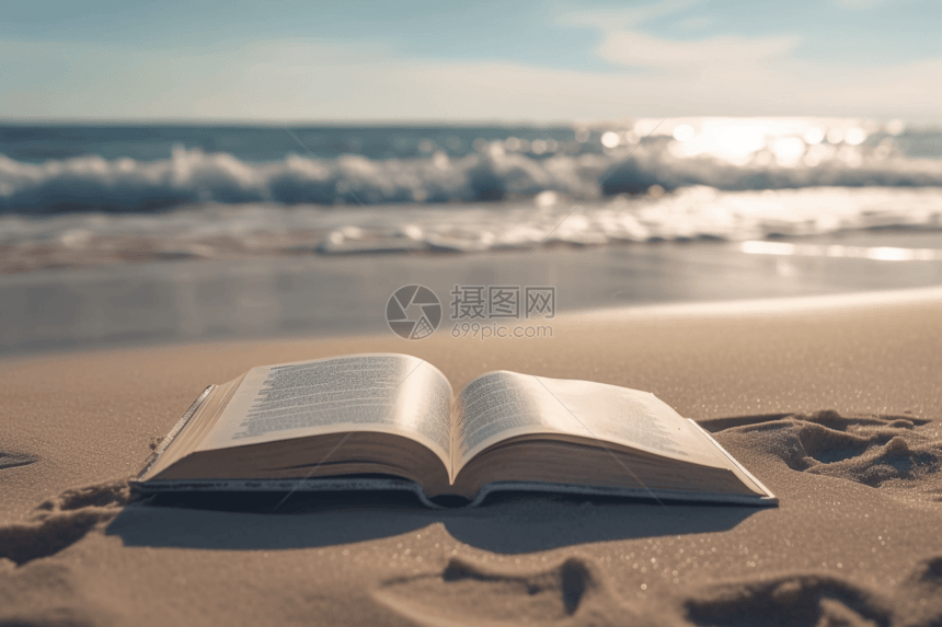 放在沙滩上的书本图片