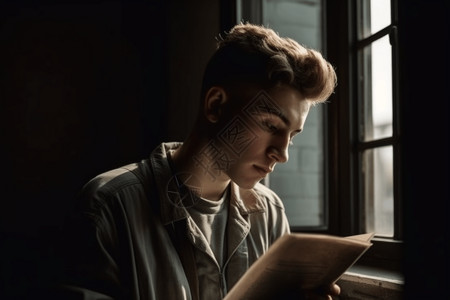 在窗边看书的男生背景图片
