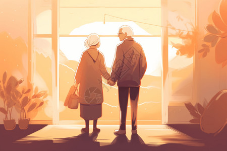 重阳节老年夫妇手牵手的一对老年夫妇插画