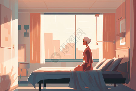 诊所窗户坐在病床边的患者插画