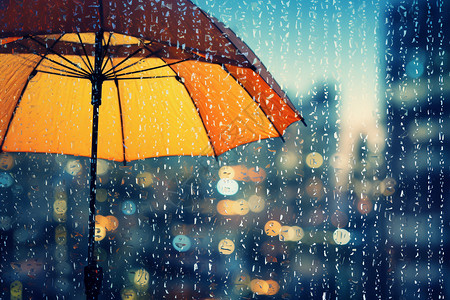 雨水飞溅的窗户外的雨伞背景图片