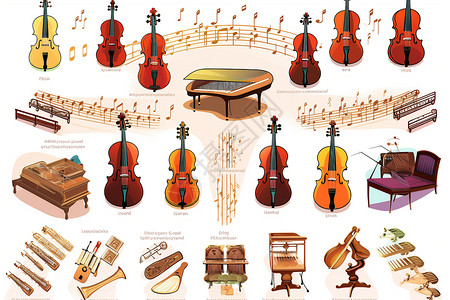 羽管键琴各色乐器设备的集合插画