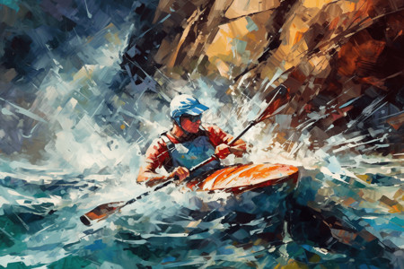 皮划艇运动员激流中航行的景象插画