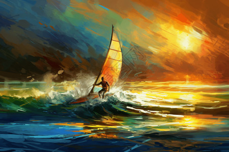高清素材运动风帆冲浪: 一幅风帆冲浪者在水上赛车的画，用明亮活泼的色彩捕捉这项运动的能量和刺激。，高清插画
