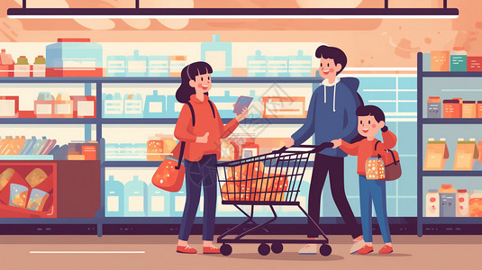超市年终优惠券在超市购物的消费者插画