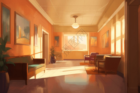 客厅沙发墙挂画宽敞的诊所走廊插画