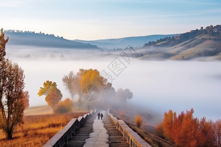 秋季晨雾中的背景图片