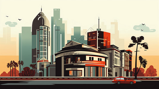 汽车文化城市的美术馆建筑插画