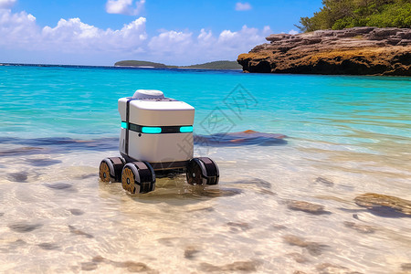 热带冷却器岛屿海滩上的机器人背景