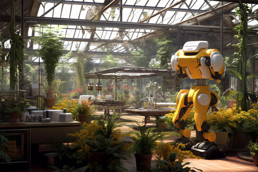 温室内的机器人和植物图片