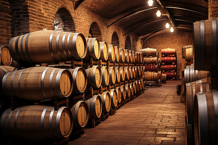 拱形地窖酒庄里的木质酒桶设计图片