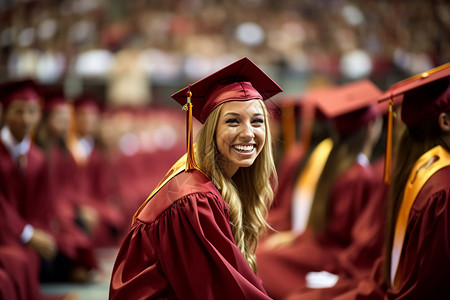 红色毕业帽子笑容灿烂的毕业女性背景