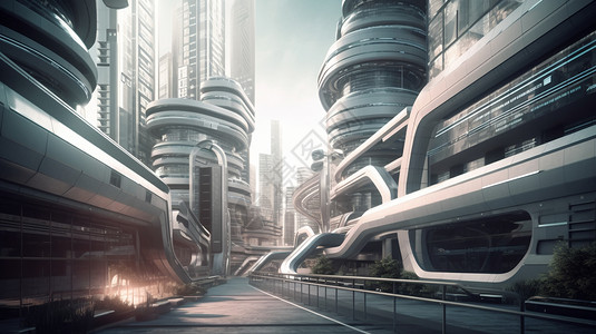 未来派建筑科幻的城市建筑和街道设计图片