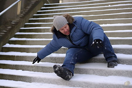 雪地里滑倒在楼梯上的人高清图片