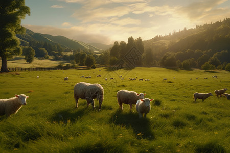 牧场中温顺的牧羊背景图片