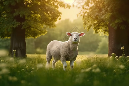 可爱温顺田园中沐浴阳光的牧羊背景