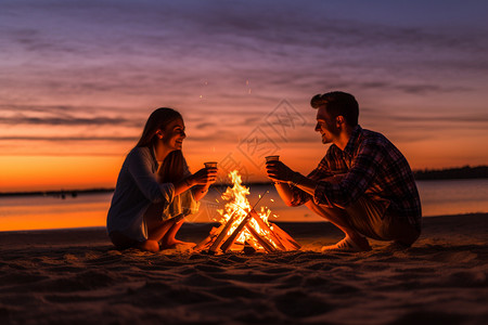 傍晚海滩上的情侣图片
