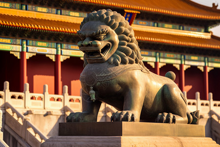 历史建筑前的铜狮背景图片