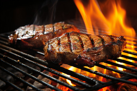 木炭和火焰美味的烤肉排背景